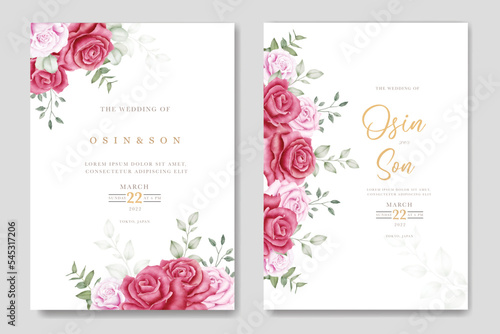 Wedding Invitation Card with Floral Roses Watercolor 