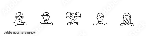 Children and teenagers profile pictures. Pixel perfect, editable stroke line icons