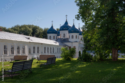 View of the Cross Exaltation Cathedral of St. George (Yuryev) Monastery on a sunny summer day, Veliky Novgorod, Russia