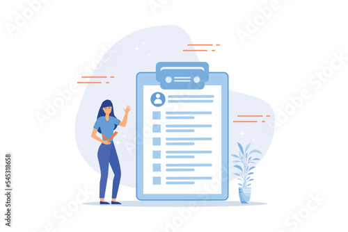 Evaluation or employee assessment, rating or performance review for improvement, satisfaction feedback checklist, appraisal or measure performance, flat vector modern illustration