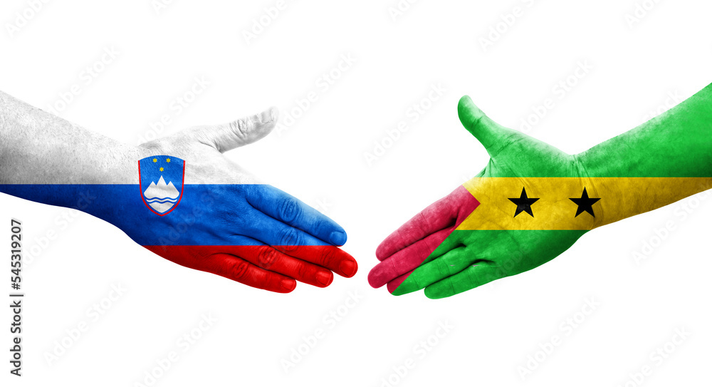 Handshake between Sao Tome and Principe and Slovenia flags painted on hands, isolated transparent image. Handshake between Sao Tome and Principe and Slovenia flags painted on hands, isolated transparent image.