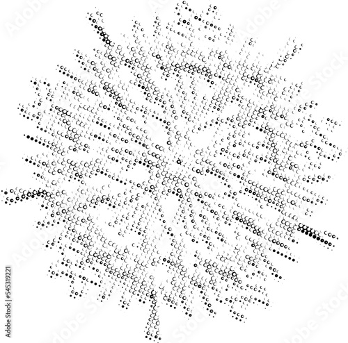 Perforated outline of a weightless snowflake. Contour from pease, bullet, bubbles, mote, speckle, mottle. Imitation of duplicate bottom layer.  Space for copy text. Vector.