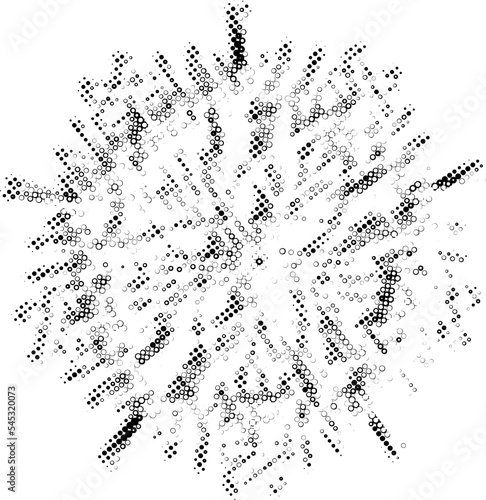 Vanishing perforated outline of five peak snowflake. The outline of star is barely visible. Contour from dots, peas, bubbles, spots. Imitation of duplicate bottom layer. Space for copy text. Vector.