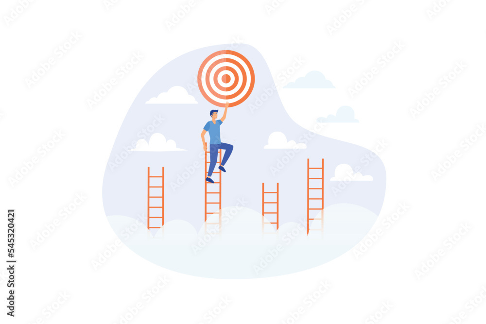 Ladder of success to reach goal or target, challenge to achieve goal, strategy or motivation to win competition, ambition or aspiration concept, flat vector modern illustration Ladder of success to reach goal or target, challenge to achieve goal, strategy or motivation to win competition, ambition or aspiration concept, flat vector modern illustration