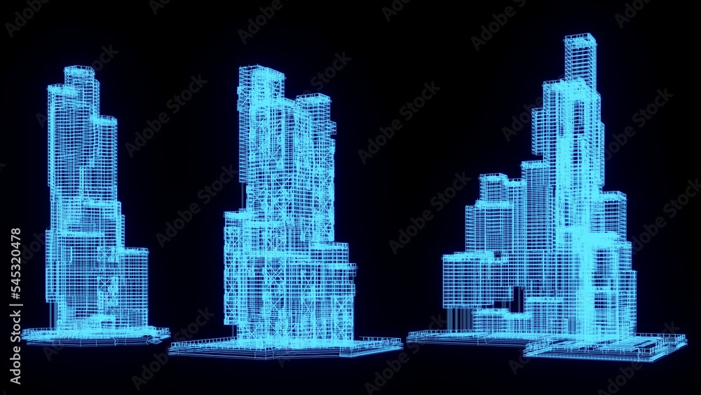 3D rendering illustration Building blueprint glowing neon hologram futuristic show technology security for premium product business finance transportation 
