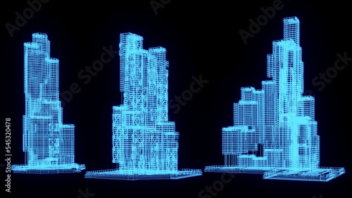 3D rendering illustration Building blueprint glowing neon hologram futuristic show technology security for premium product business finance transportation 