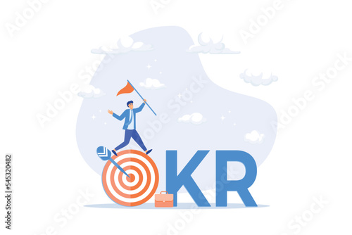 OKR, objective and key result framework to measure success and improvement, goal setting or define measurable target for business concept, flat vector modern illustration