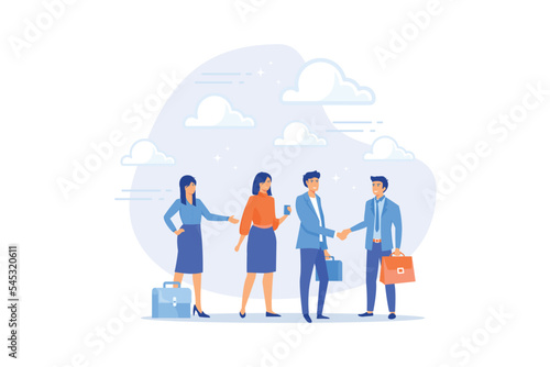Onboarding new employee, warm welcome to new office, introduce new hire to colleagues, orientation training on first day concept, flat vector modern illustration