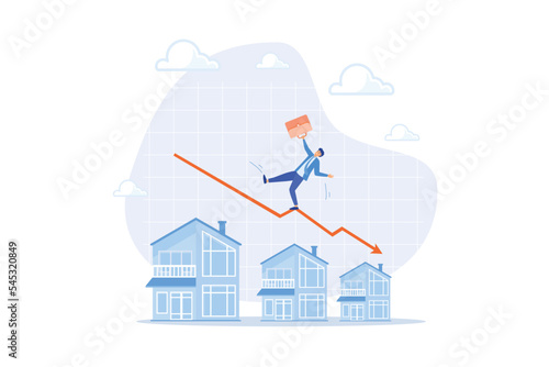 Housing price falling down, real estate and property crash, value drop or decline, home loan or mortgage risk concept, flat vector modern illustration
