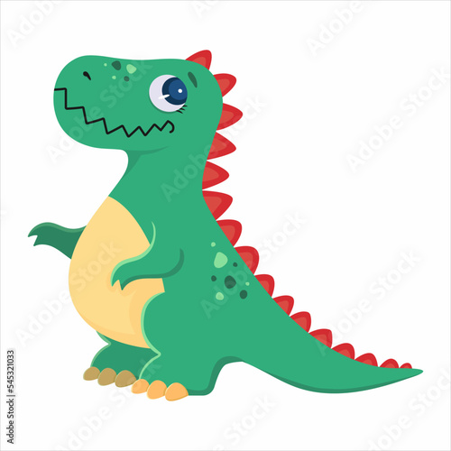 Cute cartoon dinosaur. Green smiling tyrannosaurus. Childrens print. Vector flat illustration