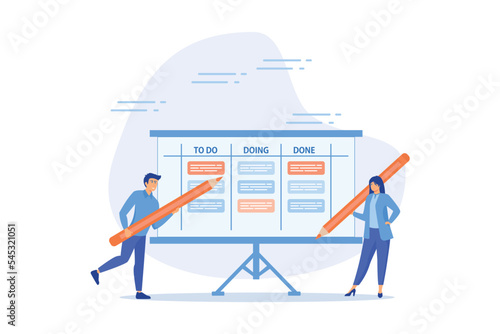 Review work progress on kanban board, todo list, in progress task and finished one, project management or planning for production concept, flat vector modern illustration