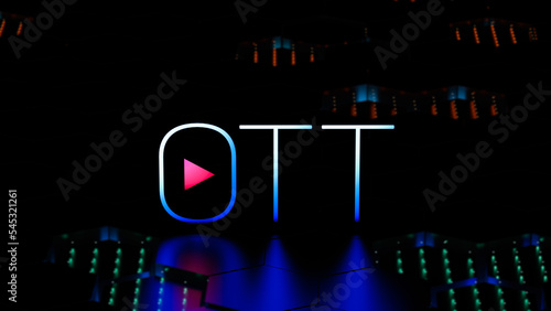 OTT. Over the Top - the concept of providing video services over the Internet. Digital banner concept. 3D render.