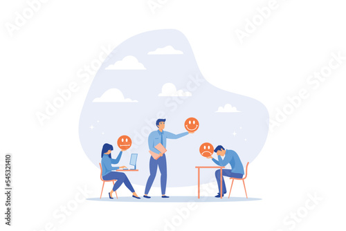 Employee morale, team spirit, work passion or job satisfaction, worker wellbeing or feeling, attitude and motivation concept, flat vector modern illustration