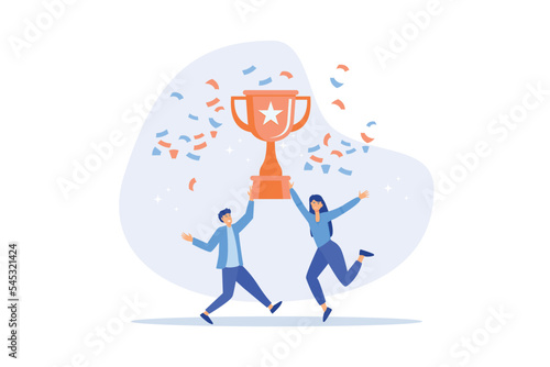 Team success, partnership or teamwork to win business competition, winner or achievement, work together or cooperation concept, flat vector modern illustration