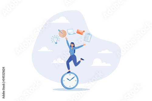 Productive woman, multitasking or time management professional, productivity or entrepreneurship, work efficiency or organize schedule, flat vector modern illustration