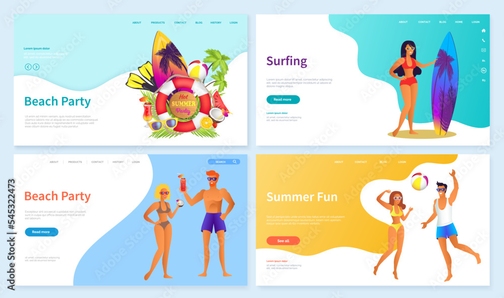 People resting on summer vacation vector, beach party. Man and woman holding cocktails tropical weekends watermelon and coconut, surfboard. Website or webpage template, landing page flat style People resting on summer vacation vector, beach party. Man and woman holding cocktails tropical weekends watermelon and coconut, surfboard. Website or webpage template, landing page flat style