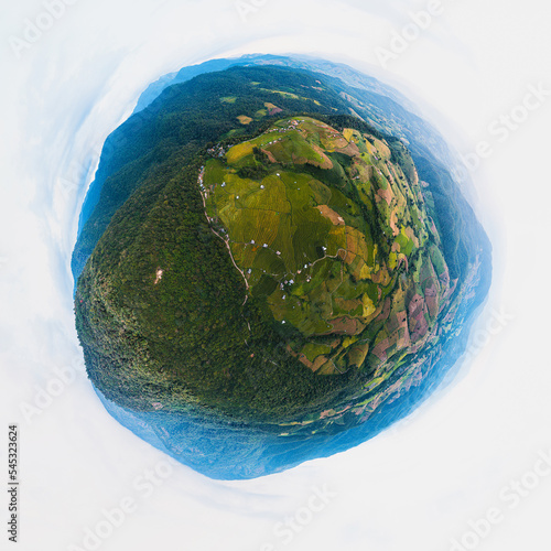 360 Degree Photography of Pa Bong Piang beautiful terraced rice fields, Mae Chaem, Chiang Mai Thailand. Mountain hills valley at morning in asian, Vietnam. Nature landscape background.