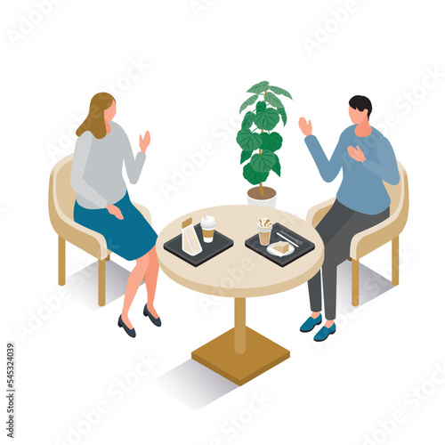 アイソメトリック_カフェで会話を楽しむ男性と女性