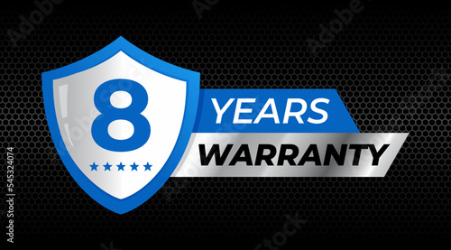8 years warranty shield label icon badge design. blue and silver color. vector illustration eps 10
