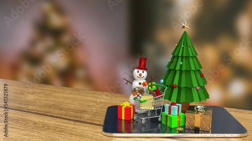 The Christmas tree and snow man on tablet for advertising concept 3d rendering