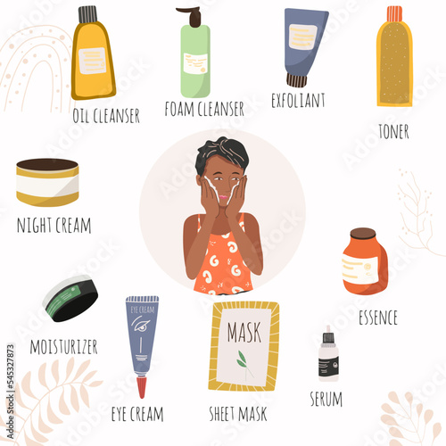 Vector illustration of daily skin care products. Cosmetic set. Night cream, peeling, cleansing oil, cleansing foam, toner, essence, sheet mask, serum, eye cream. Makeup and skin care concept.