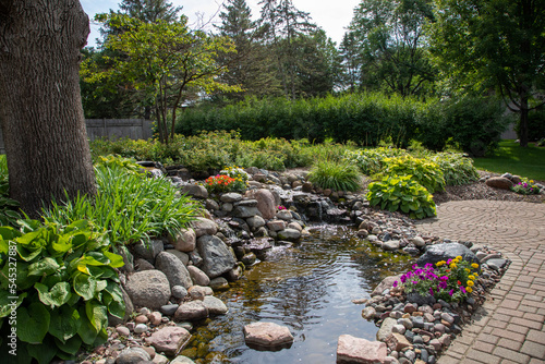 Beautiful pond in back yard on a sunny summer day with flowers and pretty plants