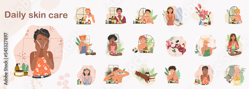 Skin care routine concept set. Various girls, women and men wash their faces, clean their faces
hygiene, use of cream, patches, beauty face masks, facial massage, enjoying your skincare routine. 