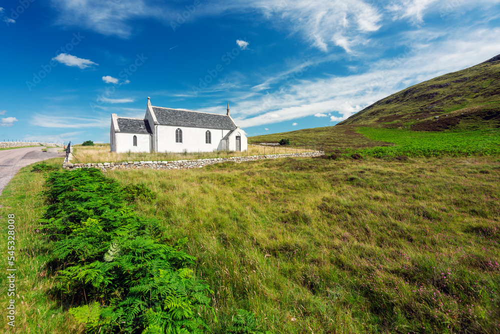Fototapeta premium Eriboll Church,historic secluded landmark,surrounded by stone wall,Lairg,Sutherland,Northern Scotland,UK.