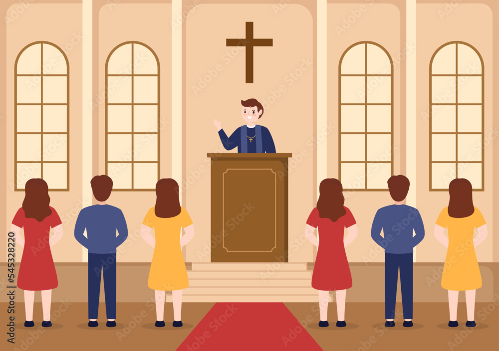 Pastor Giving a Sermon of God in Cassock at a Catholic Church from Pulpit and Baptism in Flat Cartoon Hand Drawn Templates Illustration