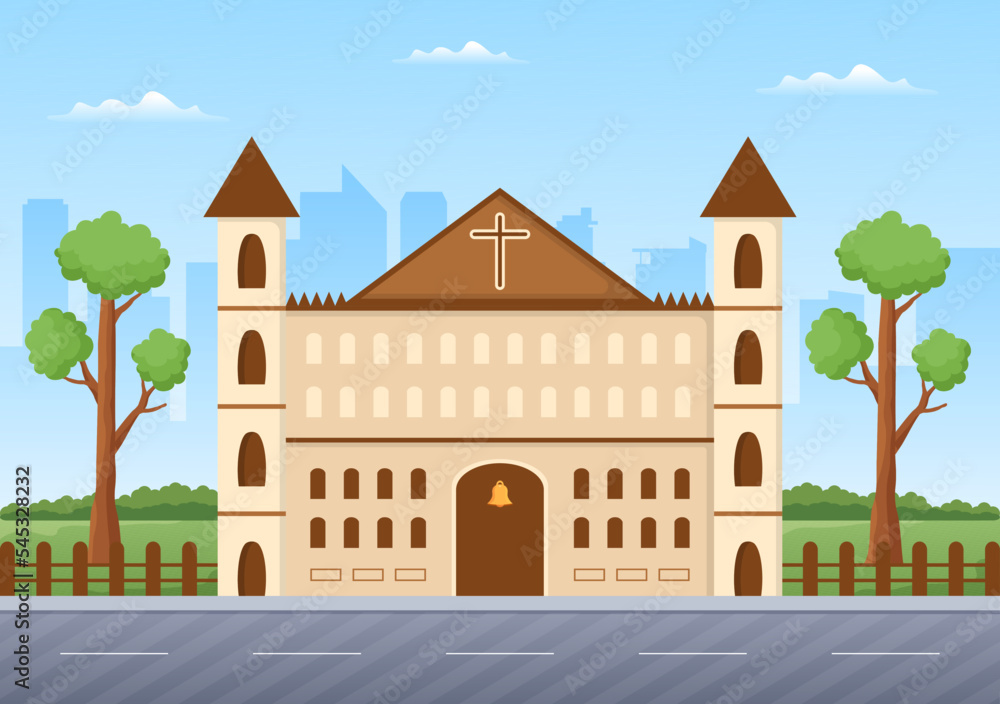 Cathedral Catholic Church Building with Architecture, Medieval and Modern Churches Interior Design in Flat Cartoon Hand Drawn Templates Illustration