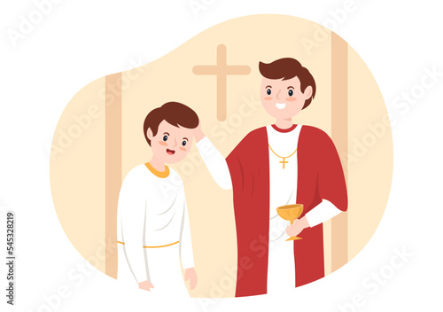 Pastor Giving a Sermon of God in Cassock at a Catholic Church from Pulpit and Baptism in Flat Cartoon Hand Drawn Templates Illustration