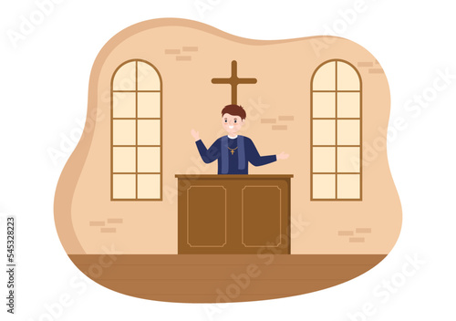 Pastor Giving a Sermon of God in Cassock at a Catholic Church from Pulpit and Baptism in Flat Cartoon Hand Drawn Templates Illustration