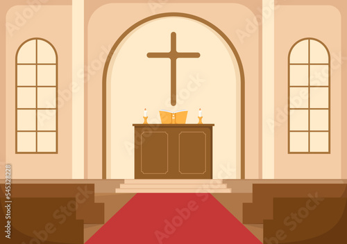 Cathedral Catholic Church Building with Architecture, Medieval and Modern Churches Interior Design in Flat Cartoon Hand Drawn Templates Illustration