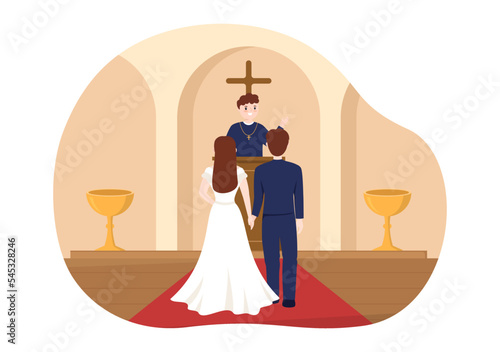 Wedding Ceremony in the Cathedral Catholic Church Building with the Happy Couple in Flat Cartoon Hand Drawn Template Illustration