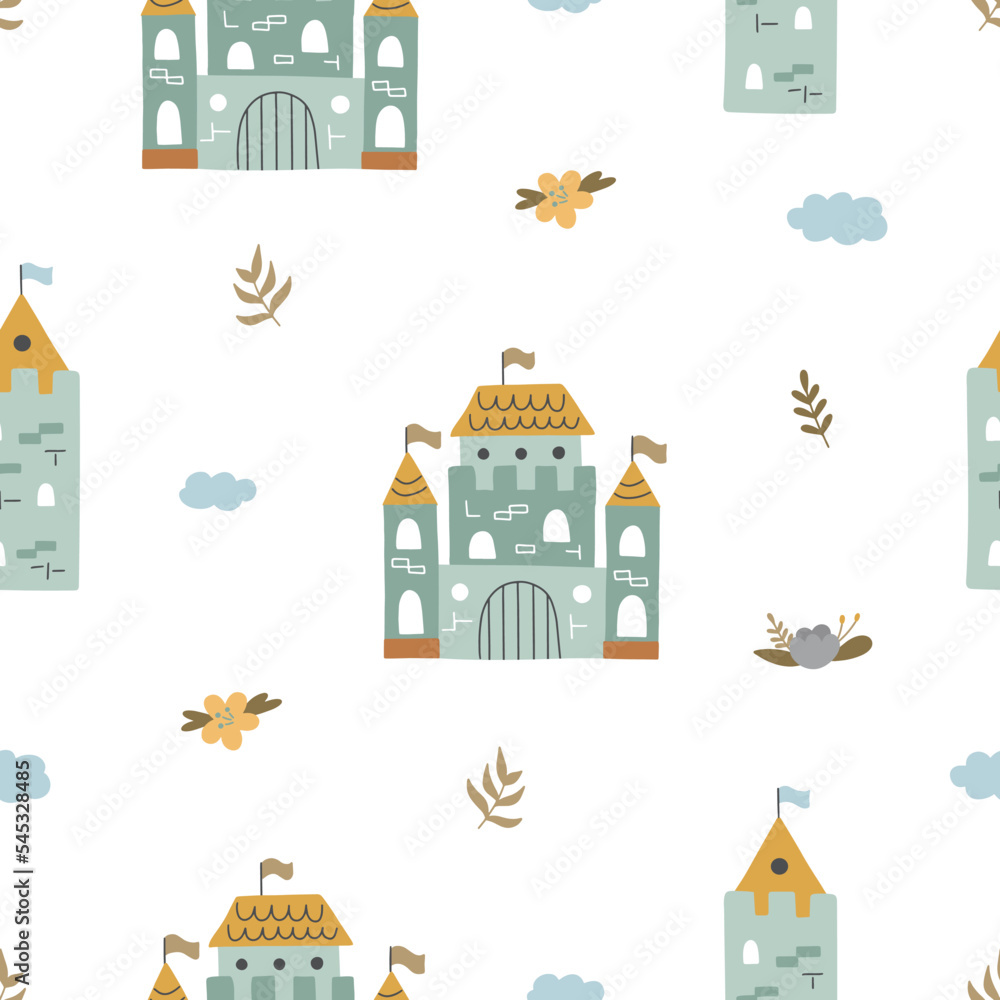Childish seamless pattern of castles in boho style, hand drawn on a white background for your design
