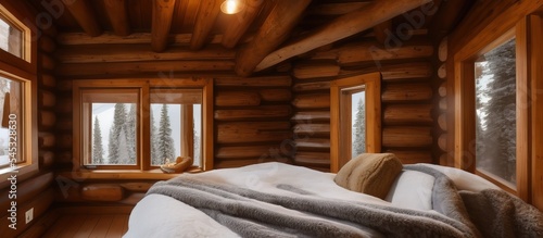 Mountain cabin cozy ski lodge interior, rustic log home, snow outside windows, spa vacation