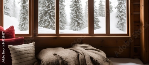 Cozy cabin interior, looking out windows, forest with snow, ski lodge