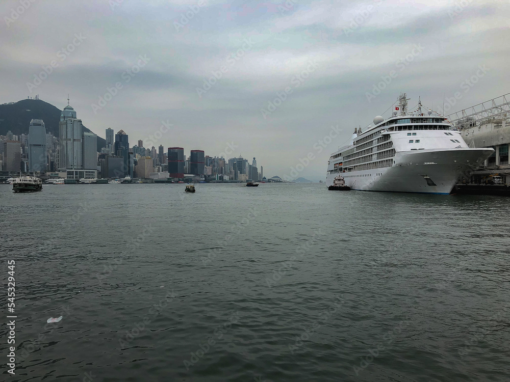 Luxury Silversea Silver cruiseship cruise ship liner yacht Shadow Whisper in port of Hong Kong, China