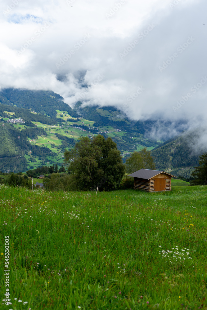 Landschafts Aufnahme einer Hütte umgeben von Bäumen und einer Wiese in den Bergen