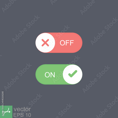 On and off switch flat style. Dark and light mode switcher for phone screens, tablets and computer. Toggle element for mobile app, web design, animation. Light and dark buttons. Vector EPS 10.