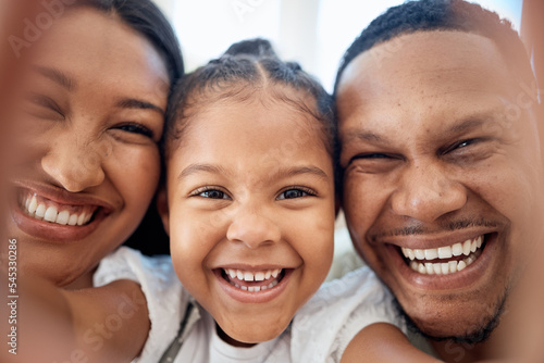 Face, selfie smile and black family in home, bonding and having fun. Love, care and girl, father and mother taking picture for happy memory, social media or online post while enjoying time together. © David L/peopleimages.com