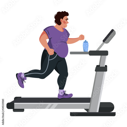 Vector illustration of an obese man running on a treadmill. Fitness, cardio, weight loss, running. Flat illustration