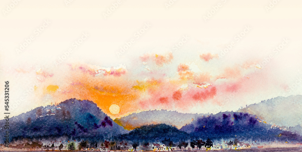 Landscape paintings colorful mountain range and rice field sunrise.