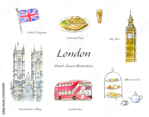 Photography London hand drawn watercolor illustration set