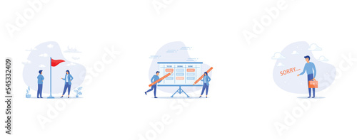 Red flag warning to be careful for business or economic disaster, Review work progress on kanban board, Apologize or say sorry, set flat vector modern illustration