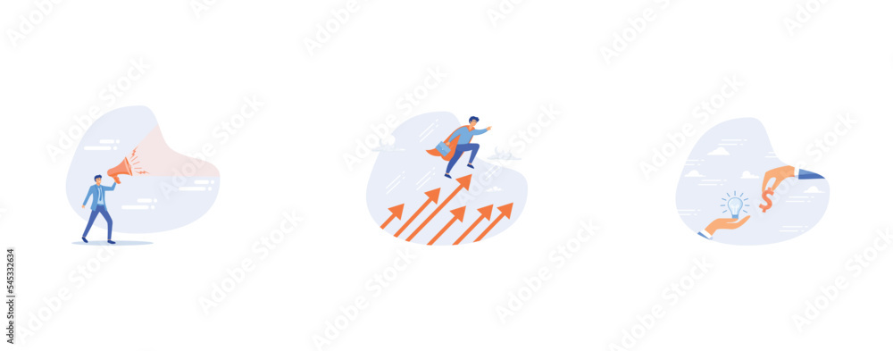 Announcement or storytelling, Growth for success, Funding startup idea, set flat vector modern illustration