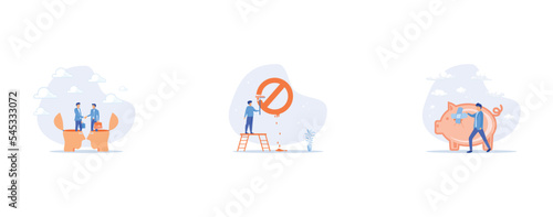 Negotiation skill for leadership, Prohibition or stop sign, Fix financial problem, set flat vector modern illustration