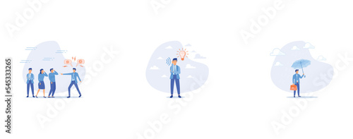 Bossy manager or trouble employee, Active listening, protect from business mistake, set flat vector modern illustration