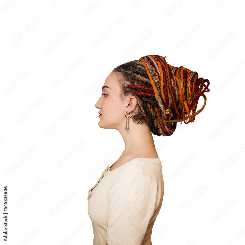 young woman with dreadlocks portrait profile, Photo portrait side view of   space isolated on  white  background