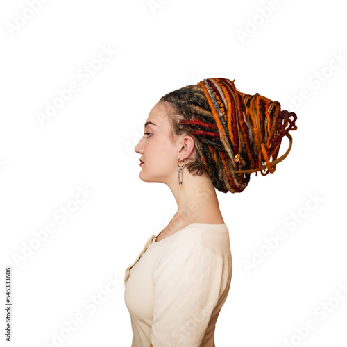 Valokuva young woman with dreadlocks portrait profile, Photo portrait side view of   spac
